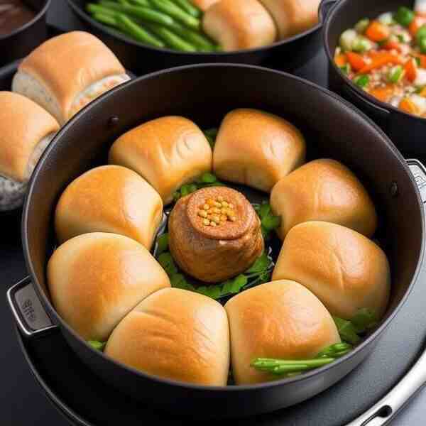 Мясо с овощами и рулетиками в горшочке